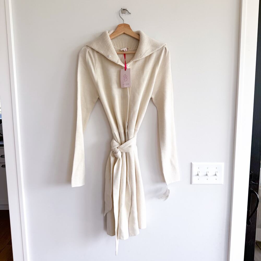 Julie Brown Snap Front Belted Oversized Collar Sweater Dress Ivory M NWT
